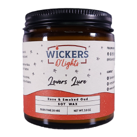A single jar of Wickers D'Lights Lovers Lure soy wax with a rose and smoked oud scent, set against a plain background.