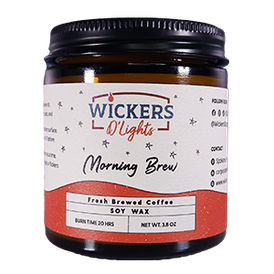 A jar of Wickers D'Lights Morning Brew soy wax, labeled with the scent of fresh brewed coffee, presented against a simple background.