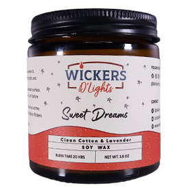 A jar of Wickers D'Lights Sweet Dreams soy wax, featuring a clean cotton and lavender scent, showcased on a neutral backdrop.