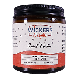 A jar of Wickers D'Lights Sweet Nectar soy wax with a sweet peaches scent, displayed against a plain background.