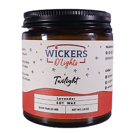 A jar of Wickers D'Lights Twilight soy wax, with a lavender scent, presented against a clean, neutral background.