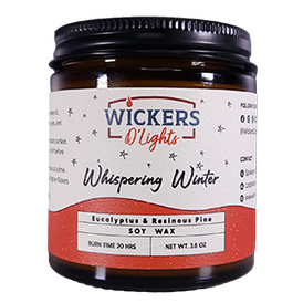 A jar of Wickers D'Lights Whispering Winter soy wax, infused with eucalyptus and resinous pine scent, placed in front of a simple background.
